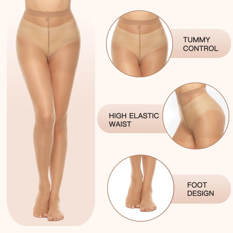 MANZI 6 Pairs 20D Women's Sheer Tights Ultra Thin High Waist Pantyhose Thigh Stockings, NaturalBlack M - Image 3